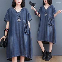 Party Dresses Summer Denim Dress Pockets Loose Lady Clothing 2024 Mid- Length V-Neck Casual Fashion Oversized Baggy Robes Zh1590