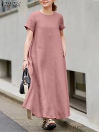 4ZANZEA Summer Maxi Dress Women Fashion O Neck Short Sleeve Loose Sundress Elegant Solid Aline Party Vestidos Robe Femme 240411