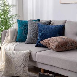Pillow Tropical Leaves Chenille Flocking Cover Blue Navy Red Home Decorative 45x45cm Living Room Sofa Case