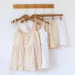 Home Clothing Cotton Women Pyjama Set Woman 2 Pieces Spaghetti Strap Sleepwear With Chest Pad Floral Print Loungewea
