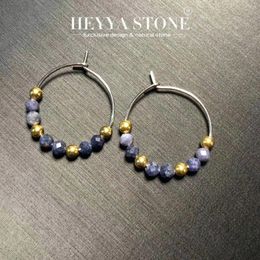 Hoop Earrings HEYYA STONE Natural Sapphire Simple Classic Round Circle Gemstone Jewelry Handmade Stainless Steel