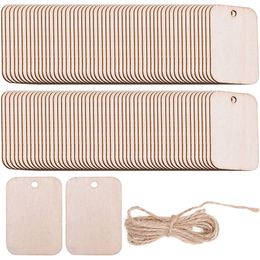 25Pcs Wood Blank Bookmarks DIY Wooden Tags Unfinished Rectangle Wood Hanging Tags with Holes Hemp Ropes for DIY Crafts Ornaments