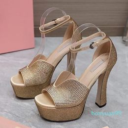 Golden Crystal embellished Ankle-Strap Platform sandals chunky heels Rhinestones high heeled block heel designer shoes