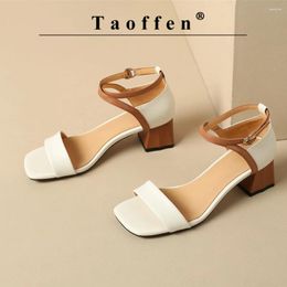 Dress Shoes Taoffen Genuine Cow Leather Sandals One Word Belt Block Square Heel Women Toe Open Toes Buckle Strap