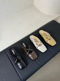 Slippers Casual Women Slides Square Toe Summer Outside Mules Shoes Low Heeled Black Brown Beige Yellow Cross Strap Belt Buckle