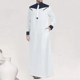 Ethnic Clothing Men Traditional Muslim Contrast Colour Robe Long Sleeve Half Zip Middle East Pocket Button Jubba Thobes