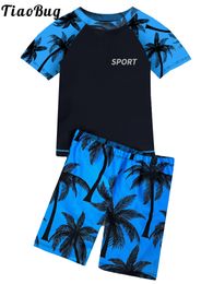 Kids Boys 2 Pieces Swimsuit Rash Guard Short Sleeve Swim Shirt Tops with Shorts Swim Trunks Swimwear Surfing Beach Bathing Suit