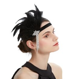 Indian Ethnic Style Black Feather Hair Ornament Tassel Chain Headband Vintage Gatsby Party Headpiece Women Flapper Feather Head