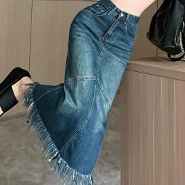 Large Size S- 3xl Tassels Maxi Denim Skirt Womens Vintage Chic Versatile High Waist Slimming Korean Y2k Blue A-line Long Skirts