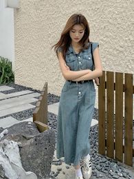 Casual Dresses Retro Women Blue Sleeveless Pocket Design Straight Denim Dress 2024 Summer Elegant Party Jean Long Female Simple Korean