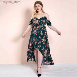 Basic Casual Dresses Plus Size Women Dress Summer Floral Printed Bohemian Suspenders Dress Women Plus Size Vacation Boho Dress Beach Split Maxi Dress L49