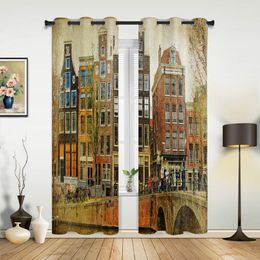 Vintage Dutch European Street Curtains for Kid Bedroom Home Decor Kitchen Balcony Drapes Print Living Room Window Curtain