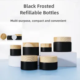 Storage Bottles 5-50g Black Cosmetic Bottle Facial Cream Makeup Remover Fillable Empty Body Glass With Wood Lid Refillable