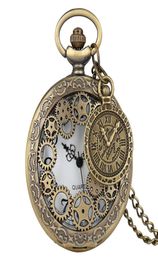 Vine Bronze Hollow Out Gear Case Unisex Quartz Pocket Watch Antique Analogue Clock Necklace Chain for Men Women Gift2144012