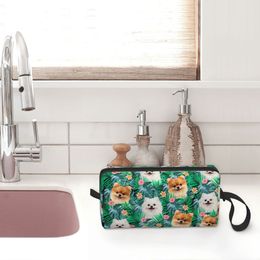 Cute Pomeranian Dog With Summer Leaf Travel Toiletry Bag for Women Pet Spitz Cosmetic Makeup Organizer Beauty Storage Dopp Kit