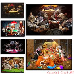 Funny Animal Cat Dogs Astronaut Playing Poker Poster Playing Billiard Canvas Painting Print Art Pictures Living Room Home Decor