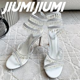 Sandals JIUMIJIUMI Handmade Woman Shoes Narrow Band Super High Thin Heels Pearl Pendant Crystal Decora Ankle-Wrap