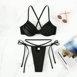 Lace Up 2 Pcs/Set Stylish Exposed Summer Bikini Set G-string Beach Bikini Set Hollow Out Garment