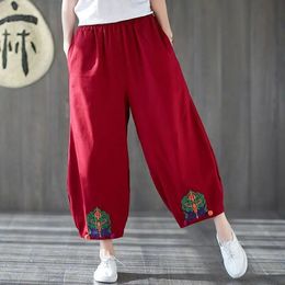 Folk Vintage Embroidery Spliced Women Bloomers Trousers Spring Summer Casual Loose Pockets Elastic Solid Colour Cropped Pants 240411