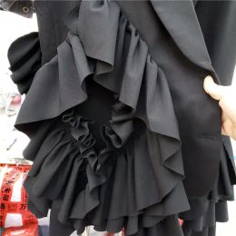 Women Spring Summer Irregular Layered Ruffles Vest Jacket OL Black Pleated Blazers Cardigan Ruched Waistcoat Outerwear Crop Tops