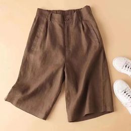 Cotton Linen Women Suit Shorts Elastic Waistband High Waist Straight Wide Leg A Line Work Casual Short Pants 240411