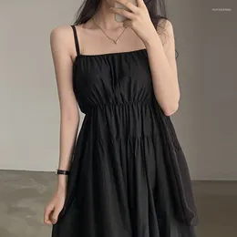 Casual Dresses Korean Chic Summer Vintage Black Dress Square Collar Exposed Collarbone Sexy Fold Slimming Sleeveless Slip For Women