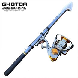 GDA Carbon Fibre Short Telescopic Rock Fishing Rod and Spinning Reel Combo Full Kit Tackle Gear Set 240407