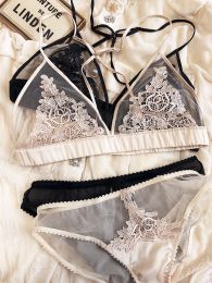 Beauty back bra set hollow mesh underwear bras show small embroidered lace ultra-thin non-steel ring triangle cup lingerie