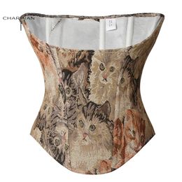 Charmian Renaissance Vintage Corset Women's Sexy Retro Mediaeval Cat Floral Print Boned Zipper Lace Up Waist Training Corset Belt