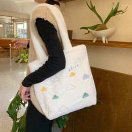 Evening Bags Ins Plush Shoulder Bag Cloud Embroidery Student Large Capacity Canvas Faux Fur Handbags