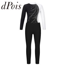 Trousers Gymnastics Jumpsuits Kids Girls Long Sleeve Shiny Rhinestone Ballet Dance Leotard with Leggings Children Skating Gymnastic Pants