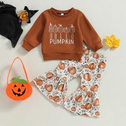 Trousers Children Baby Girls Clothes Toddler Halloween Costumes Long Sleeve Pumpkin Print Sweatshirt Tops Flared Pants 2PCS Kids Outfits