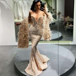 2023 New Glamorous Feathers Mermaid Sequin Evening Dresses V-Neck Dubai Women Prom Gowns Celebrity Formal Vestidos De Gala