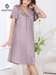 Women's Sleepwear BirdTree 19MM Real Silk Pyjamas Dress Women Short Sleeve Solid Lace Sexy Retro Loose 2024 Summer P439108QC