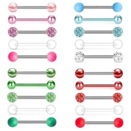 5PCS Acrylic Tongue Piercing Barbell Set Stainless Steel Glitter Rings Lot 14G Nipple Bar Bulk Langue 240407