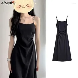 Casual Dresses Black Summer Dress For Women Sexy Elegant A-line Folds Sleeveless French Style Fashion High Waist Party Ladies Classic