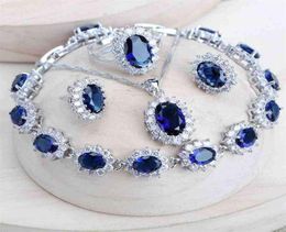 Silver 925 Women Bridal Jewelry Sets Blue Zirconia Costume Fine Jewellery Wedding Necklace Earrings Rings Bracelets Pendant Set 227479157