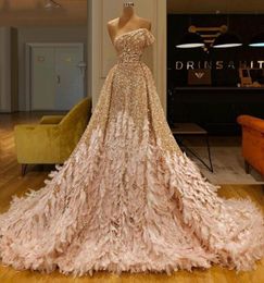 Ostrich Feather Luxury Evening Dresses Sparkly Sequins Strapless A Line Gold Prom Dress Party Wear Custom Made Formal Gowns7920514