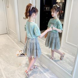 Clothing Sets 2024 Teenager Summer Kids Girls Clothes Puff Sleeve Cotton Letter T-Shirt Mesh Short Floral Chiffon Skirt 5 6 7 8 9 12 Years