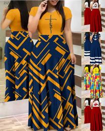 Basic Casual Dresses Plus Size Print Short Sleeve Skirt Set Orange Sets High Waist Skirt Casual Ruffle Hem Big Swing Maxi Skirt Women Long Dress Set L49