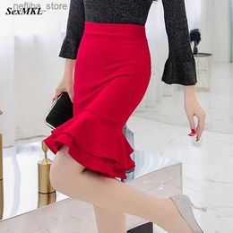 Sexy Skirt MKL Womens Korean Pencil Skirt 2022 Fashion Elegant High Waist Ruffle Black Skirt Office Ladies y Oversized Red Skirt Jupe L410