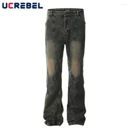 Men's Jeans Spliced Denim Flare Pants Mens Washed Distressed Retro Streetwear Loose Men Trousers