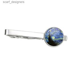 Tie Clips New Fashion Van Gogh Oil Painting Mens Tie Clip Copper Metal Simple Tie Pin Set Pin Button Gifts To Friends Jewellery Accessories Y240411