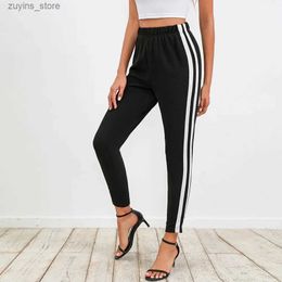 Basic Casual Dresses Sporty Woman Pencil Pants Striped Side Slim Pants Casual Elastic Waist Pants for Spring Striped Women Bottons L49