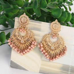 Boho Gold Colour Heart Shape Carved Flower Dangle Earrings for Women Indian Jhumka Earrings Retro Pink Beads Tassel Jewellery 2023