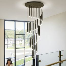Nordic Duplex Spiral Staircase Pendant Lights Black Art Villa Living Room Long Chandelier Cafe Restaurant Loft LED Hanging Lamps