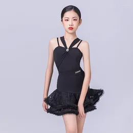Stage Wear 2024 Girls Latin Dance Competition Dresses Black Sleeveless Practise ChaCha Samba Costume Split Suit YS5354