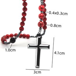 Red Natural Stone Beaded Rosary Cross Pendant Necklace Handmade Jewellery for Men and Women