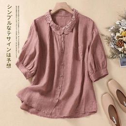 Women's Blouses Solid Colour Cotton And Linen Seven-Sleeve Leisi Edge Collar Top Summer Korean Style Artistic Loose Plus Size Elegant