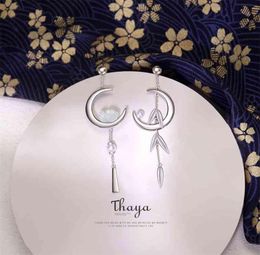 Thaya 925 Sterling Silver Earring Dangle Crescent Bamboo leaves Japanese Style For Women Fine Jewellery 2106169327804